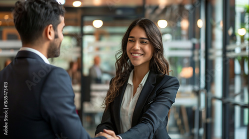 Building trust in relationship. Smiling young businesswoman exchange handshake with male client coworker standing in shared space office feel happy to meet grateful for help express respect make deal 