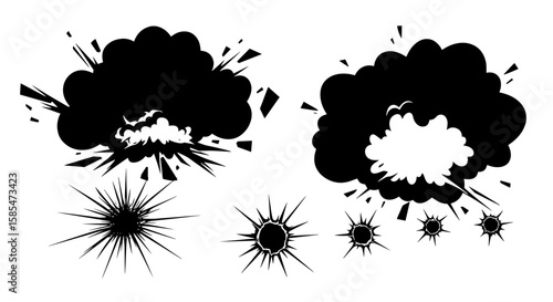 Comic book style black and white explosion, blast, and impact effects vector illustrations: smoke clouds, starbursts, and shockwaves for dynamic graphic design.