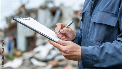 Insurance Adjuster Assessing Property Damage Outdoors with Clipboard