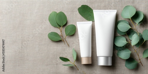 Cosmetic bottles with eucalyptus flowers towels and linen on pastel background top view flat lay natural organic skincare and spa concept perfect for beauty product branding body care wellness design