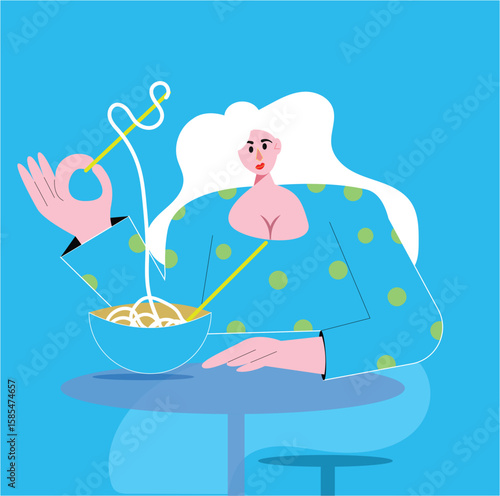 woman having noodles in negative space color vector design clean unique and latest illustration