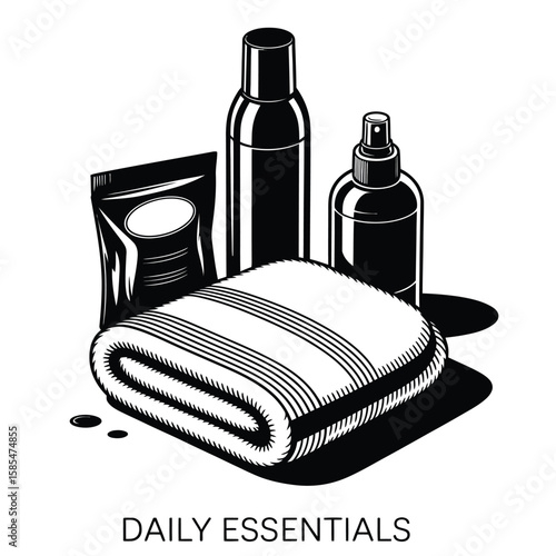 Black and white vector illustration of daily care essentials including towel dry shampoo wipes and odor spray arranged neatly