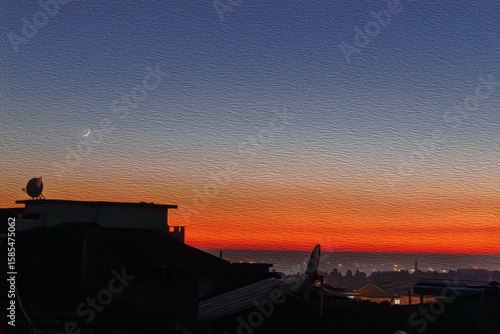 Sunset in the city. Illustration in oil painting style.