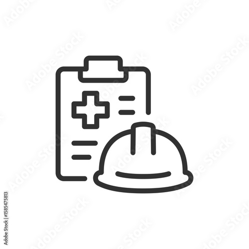 Safety helmet and medical clipboard, linear icon. Workplace health and accident insurance. Line with editable stroke.