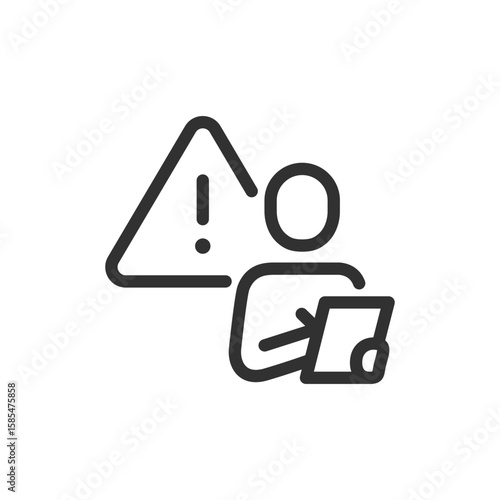 User with warning sign, linear icon. Account alert or profile issue. Line with editable stroke.