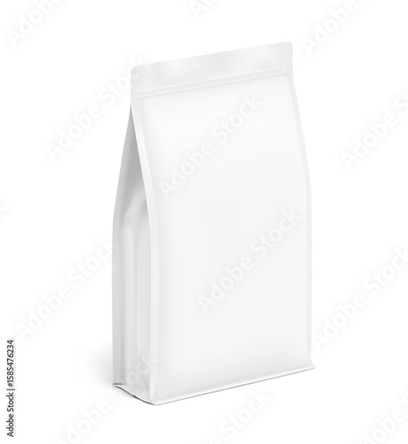 Vertical bag mockup. Flat bottom gusset bag with zipper lock. Half side view.  Vector illustration isolated on white background. Ready for use in presentation, promo, advertising and more. EPS10.