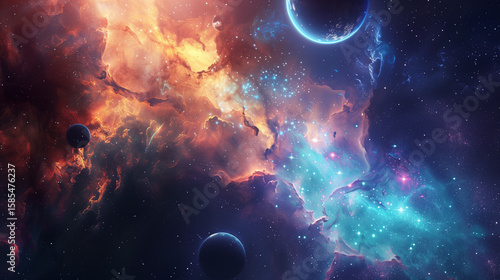 Cosmic Nebula with Glowing Stars and Planets 