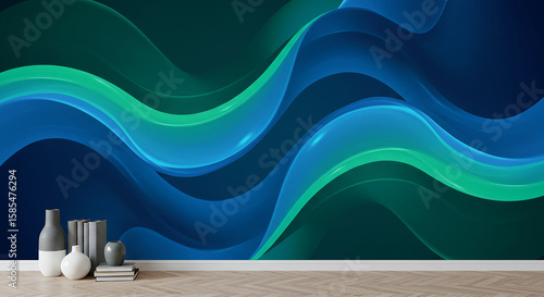 Abstract flowing waves of blue and green blend seamlessly across a dark background