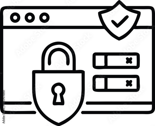 Data security line art with shield, lock, and secure login on browser
