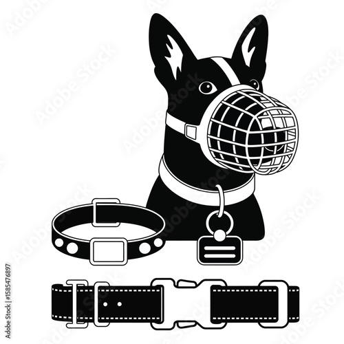 Black and white vector illustration of dog safety gear including LED collar ID tag muzzle and seatbelt strap for secure travel and walks