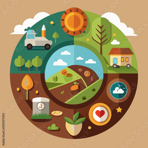 Circular Agriculture Infographic: Soil Health, Livestock Rotation & Cover Crops | Earth Tones Data Vector