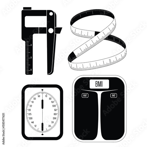 Black and white vector illustration of fitness measurement tools including caliper tape measure BMI scale and fat monitor