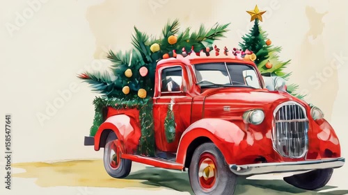 A watercolor-style video depicts a vintage red Christmas truck carrying a decorated tree through snowy landscapes, evoking a cozy, festive winter holiday mood filled with warmth and cheer