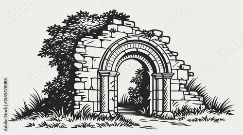 Vintage Stone Archway with Vines – Hand-Drawn Medieval Ruins Illustration