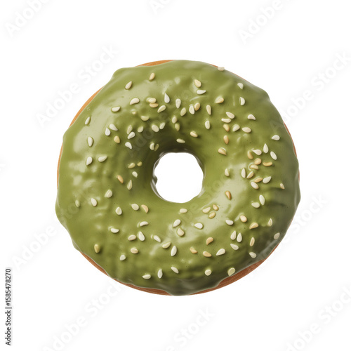 Matcha Doughnut Delight: A visually appealing matcha green doughnut is topped with a delightful sprinkling of sesame seeds. It is a treat for the eyes and the taste buds.