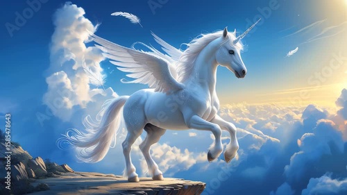 A magnificent white winged unicorn stands tall on a cliff, gliding above the clouds, capturing the spirit of freedom and fantasy in a stunning, sky-high dreamlike setting