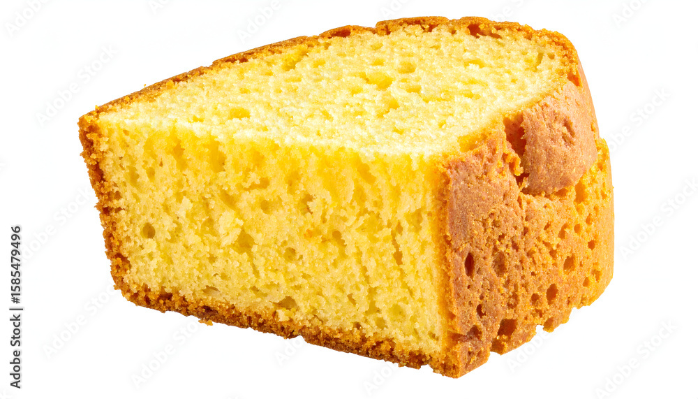 Golden Yellow Slice of Fluffy Sponge Cake on White Background Golden Yellow Slice of Fluffy Sponge Cake on White Background