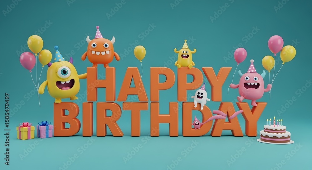 Obraz premium A cheerful 3d illustration celebrating a happy birthday with colorful monsters, balloons, gifts, and a cake
