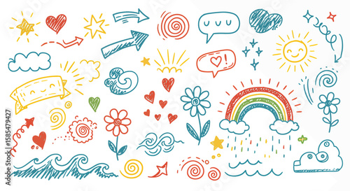 Vibrant and Playful Hand-Drawn Doodle Art Collection: Featuring Hearts, Stars, Clouds, Rainbows, Flowers, Arrows, and Various Symbols on a White Background