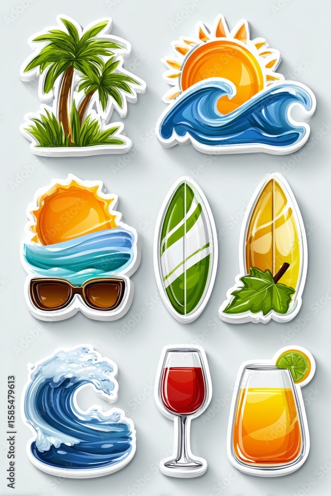 Naklejka premium Íconos divertidos de verano en estilo recortado que reflejan el tema de la soledad en la estación más cálida del año