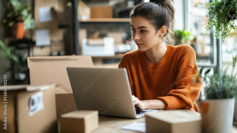 Young woman working on laptop surrounded by boxes in cozy workspace Young woman working on laptop surrounded by boxes in cozy workspace