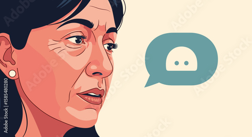Concerned middle-aged woman looks off to the side with a worried expression, contemplating a chat bubble with an emoji.