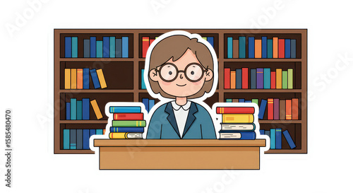 Cartoon Person Studying with Books in Library