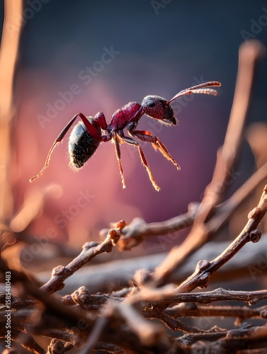 Wallpaper Mural Close-up of a vibrant ant in mid-air, surrounded by branches, with a blurred colorful background Torontodigital.ca