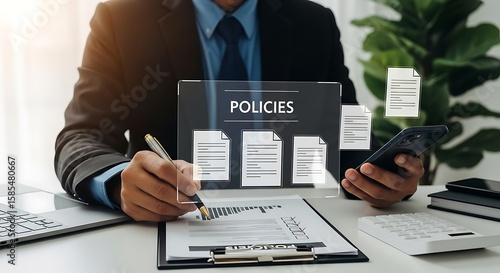 Business person reviewing policies and documents