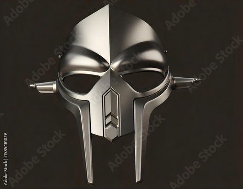 A metallic mask with a sharp design, featuring prominent cheek guards and a pointed top. The mask is shiny and reflects light, set against a white background