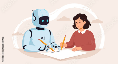 An illustrated AI robot and a woman collaborate on a drawing, symbolizing technology and human creativity working together on a white surface.