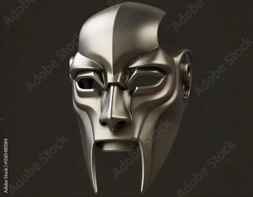 A metallic mask with a sharp design, featuring prominent cheek guards and a pointed top. The mask is shiny and reflects light, set against a white background