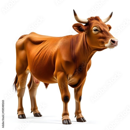 Brown cow with no horns, standing on a white background , looking to the right , with its eyes closed , in a studio shot