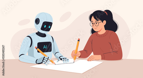 A friendly robot and a young woman collaborating on a drawing project, symbolizing AI and human creativity working together.