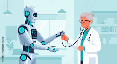 An elderly female doctor takes the blood pressure of a humanoid robot in a medical office, showcasing the integration of artificial intelligence in healthcare.