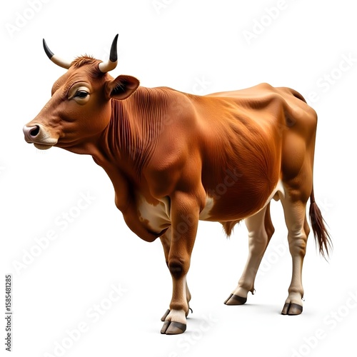 Brown cow with no horns, standing on a white background , looking to the right , with its eyes closed , in a studio shot