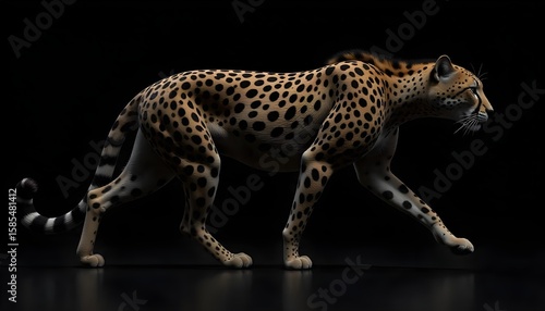 A cheetah with black fur and yellow spots walking, isolated on a black background