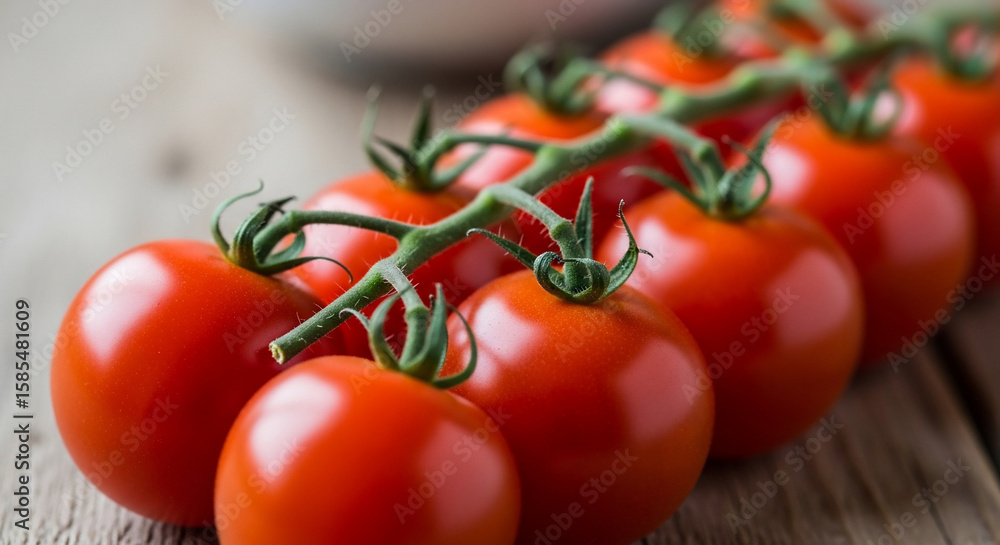 A close-up view of ripe red tomatoes on the vine, arranged on a wooden surface. A close-up view of ripe red tomatoes on the vine, arranged on a wooden surface.