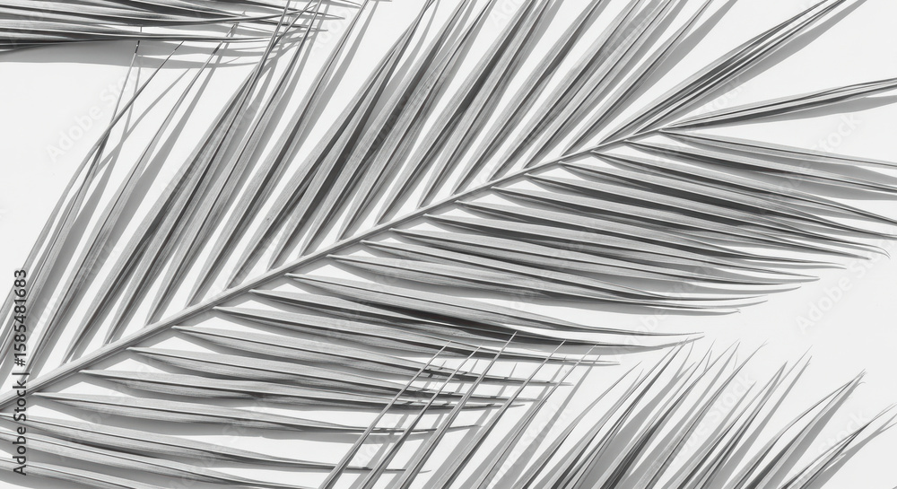 Fototapeta premium Monochrome palm tree leaf pattern casting dramatic shadows on white background, modern minimalist botanical composition highlighting natural forms and textures