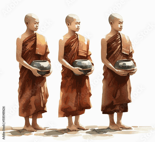 Monks in Morning Wash monks go on alms rounds isolated watercolor vector illustration svg