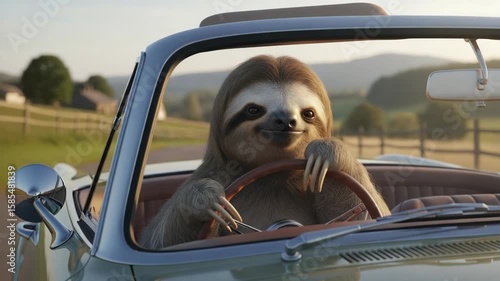 Sloth Driving Classic Car Through Scenic Landscape on a Sunny Day