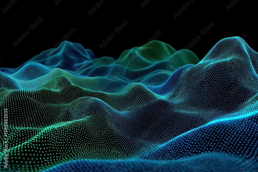 Fototapeta premium Blue and green dotted waves cascade across a black background, digital rendering. For tech, science or data-driven visualizations and modern concepts.