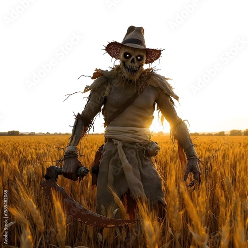 3D game horror character, full body, standing in a wheat field at sunset, golden hour lighting, character is a scarecrow-like figure with a stitched burlap mask, wielding a rusty scythe, white backgro