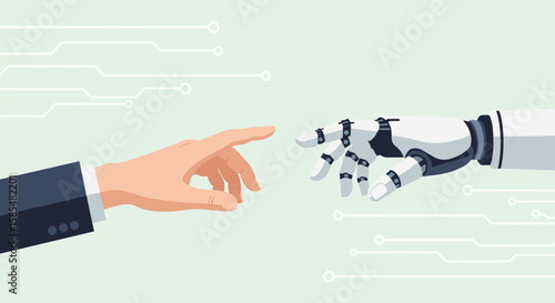 A human hand gently touches a robotic hand, symbolizing the evolving connection and collaborative future between humanity and artificial intelligence.