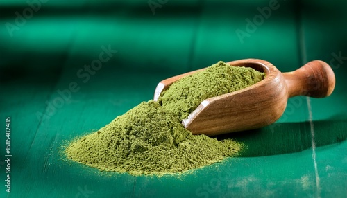 close up of a wooden bailer filled with moringa powder