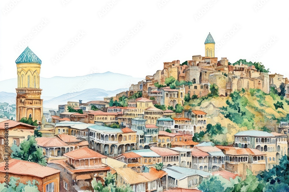Fototapeta premium Tbilisi in Georgia architecture illustration watercolor.