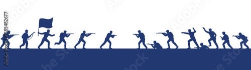 Military battle silhouette vector illustration with soldiers in action holding weapons and flag in war scene