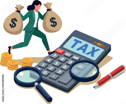 Businesswoman carrying money bags and tax calculator with magnifying glass and pen for financial audit concept vector illustration
