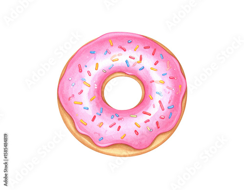 Pink donut with sprinkles watercolor illustration