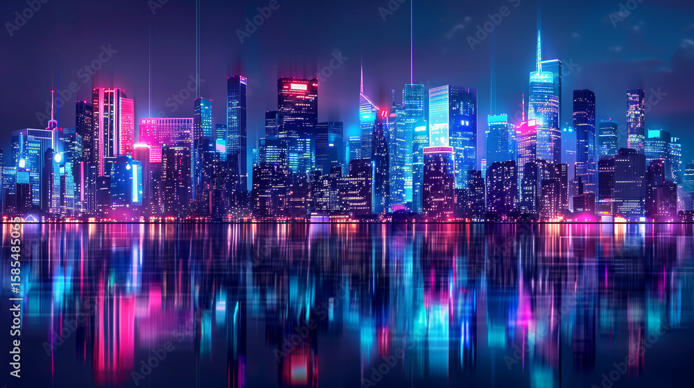 Obraz premium Vibrant Neon City Skyline at Night with Water Reflection